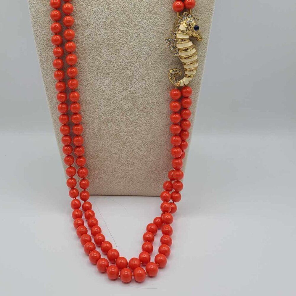 J Crew Reddish Orange Double Strand Beads with Gold Tone Crystal Seahorse - Picture 6 of 8